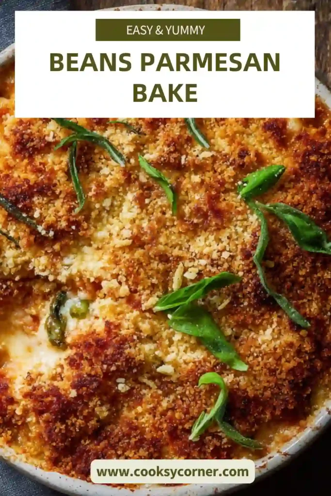 Beans Parmesan bake with melted mozzarella and crispy breadcrumb topping in a skillet.