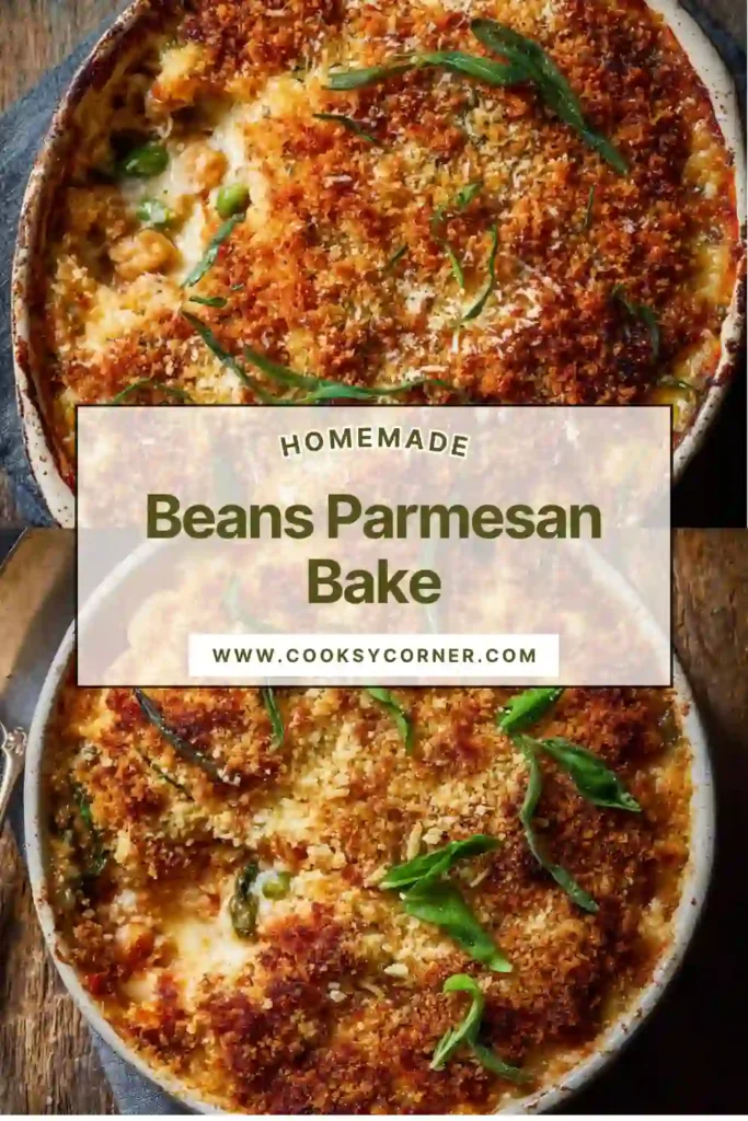 Beans Parmesan bake with melted mozzarella and crispy breadcrumb topping in a skillet.