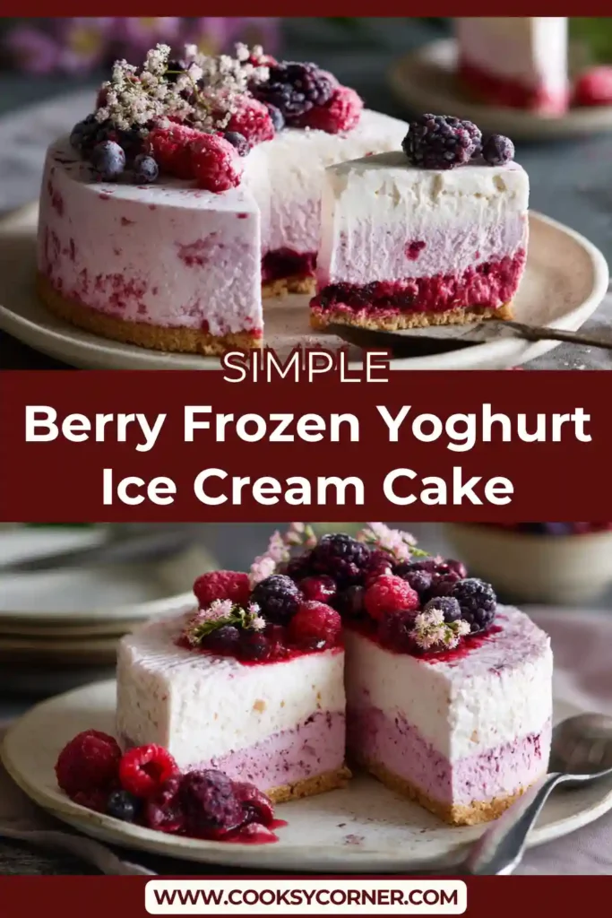 No-bake berry yoghurt cake served on a plate with fresh berries on top.