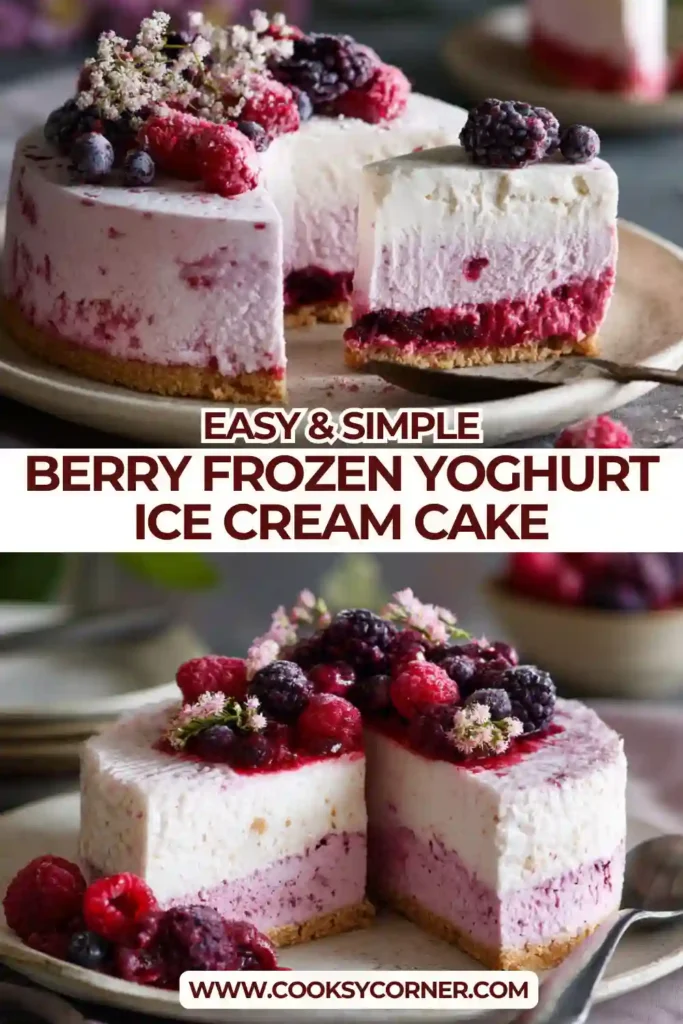 Close-up of frozen yoghurt cake layered with berries and creamy texture.