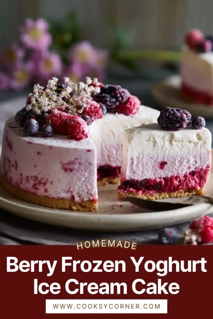 A slice of berry frozen yoghurt ice cream cake with a vibrant berry swirl and crunchy base.
