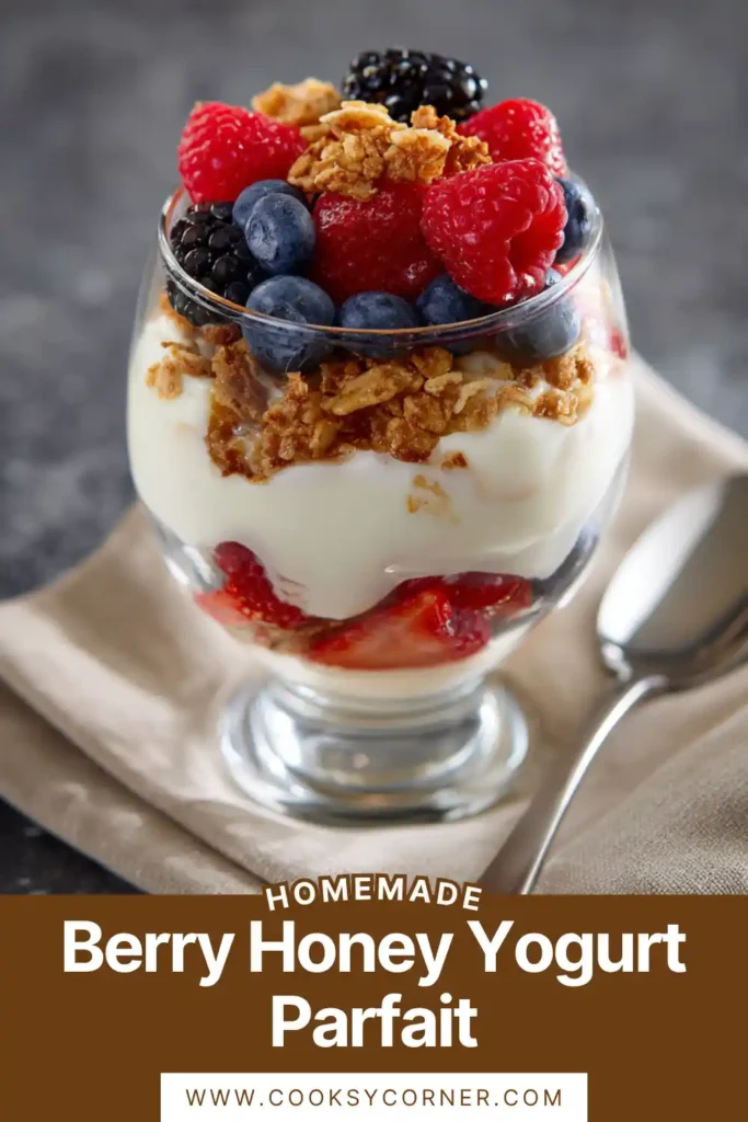 Close-up of a healthy berry yogurt parfait topped with honey drizzle and crunchy granola. Fresh strawberries and blueberries add vibrant color.