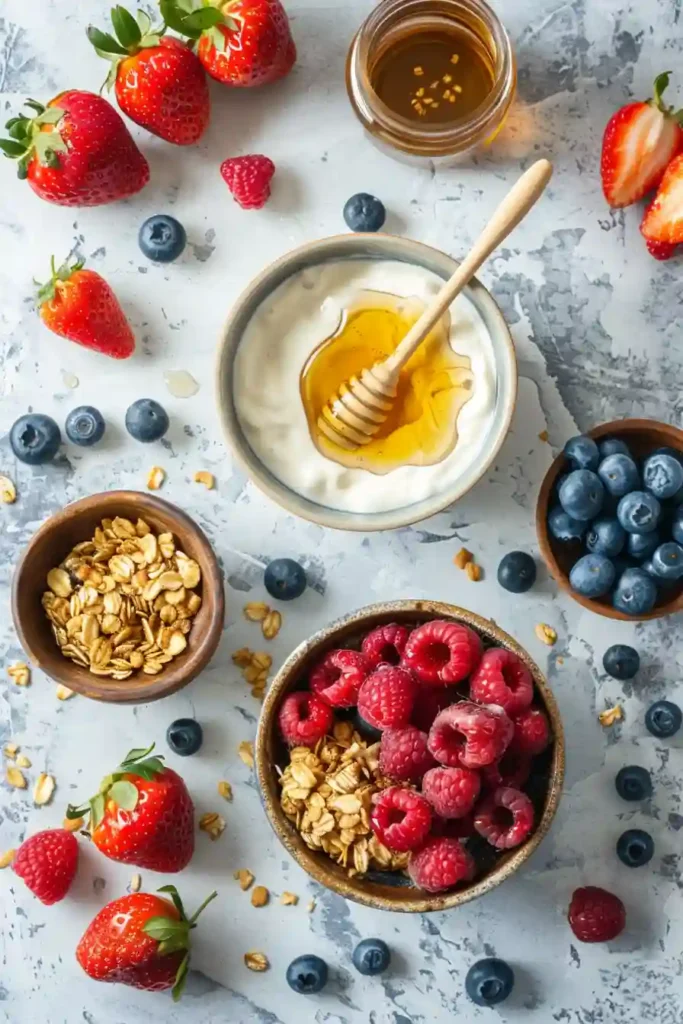A fresh homemade Berry Honey Yogurt Parfait served in a jar with creamy yogurt and sweet berries. Natural lighting highlights textures.