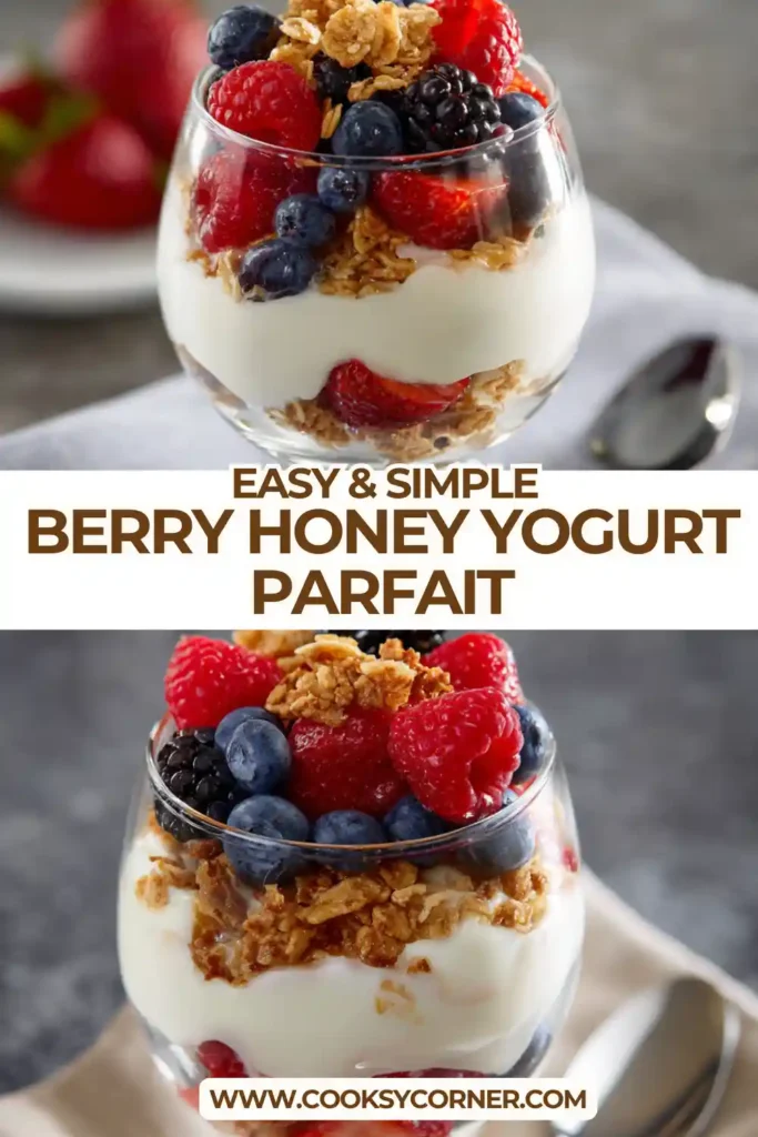 A layered Berry Honey Yogurt Parfait with Greek yogurt, granola, and fresh berries in a glass. The parfait looks creamy, colorful, and fresh.