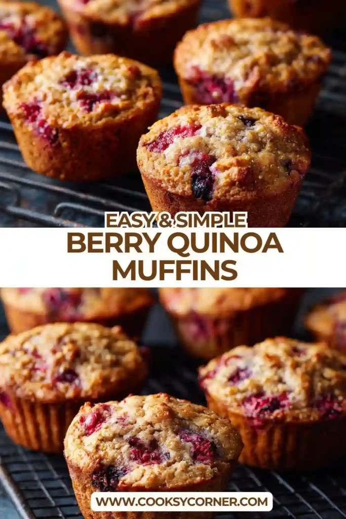 Freshly baked Berry Quinoa Muffins filled with raspberries and visible quinoa grains on a cooling rack. Soft texture with golden tops.
