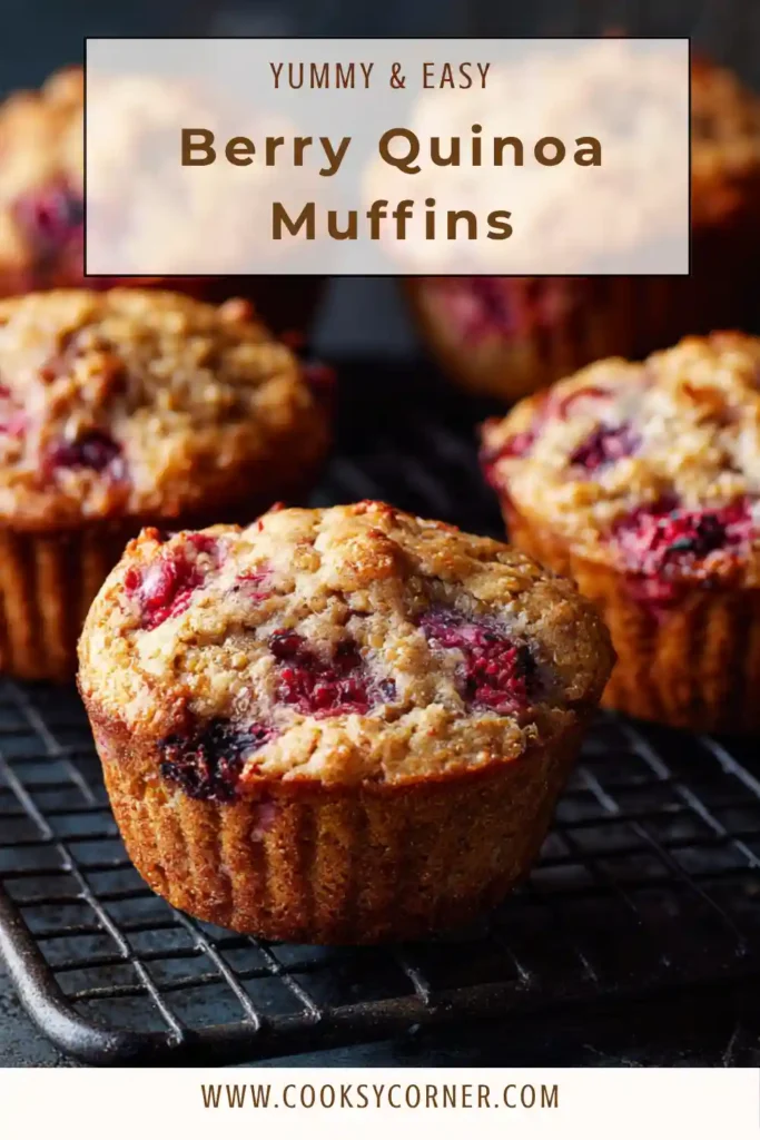 Berry Quinoa Muffins served on a plate with a drizzle of honey and fresh berries. Wholesome and naturally sweet baked goods.