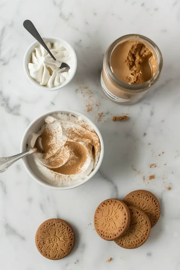 No-bake Biscoff mousse in serving cups with cookie garnish.