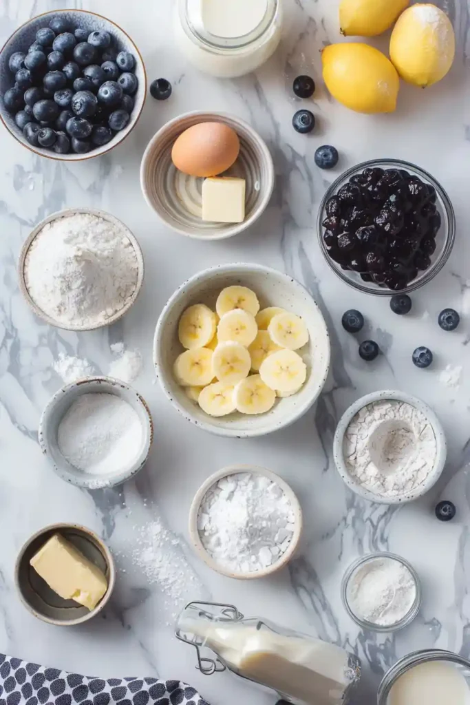 Homemade fruit cake with bananas and blueberries topped with creamy frosting and garnished with fresh berries.