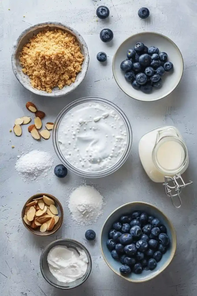 Chilled blueberry dessert cake with creamy layers and berry topping.