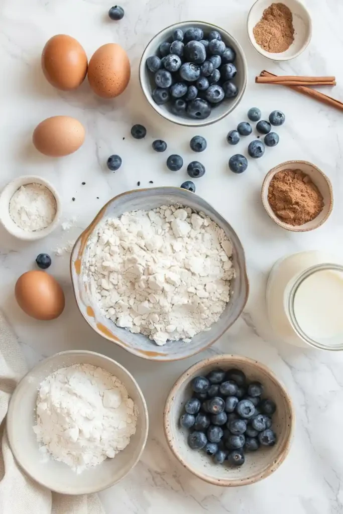 Homemade gluten free blueberry protein pancakes stacked and garnished with berries.