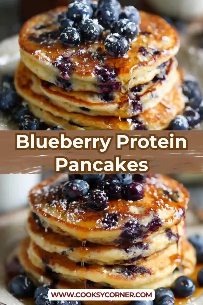 Close-up of fluffy blueberry protein pancakes made with almond flour and fresh berries.