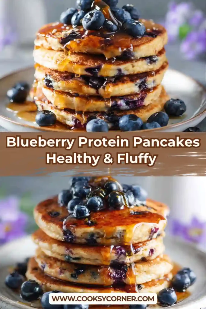 Healthy blueberry pancakes made with almond flour and protein powder, served warm.