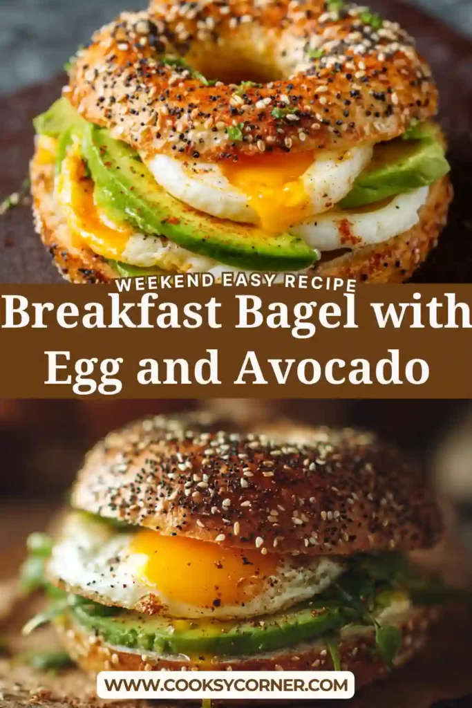 Close-up of a homemade breakfast bagel sandwich with runny egg yolk, avocado slices, and toasted bread. Perfect morning meal.