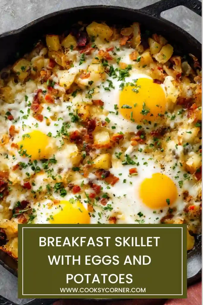 One-pan breakfast skillet with sunny-side eggs and golden potatoes.