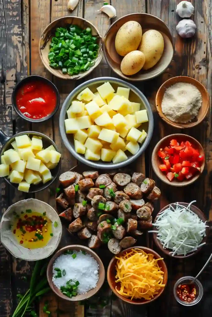 Hearty breakfast skillet with eggs, sausage, and vegetables.
