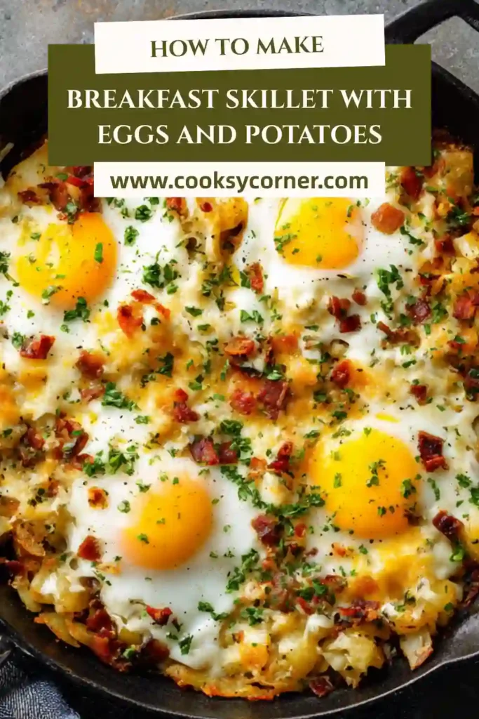 Close-up of potato egg skillet topped with green onions and melted cheddar cheese.