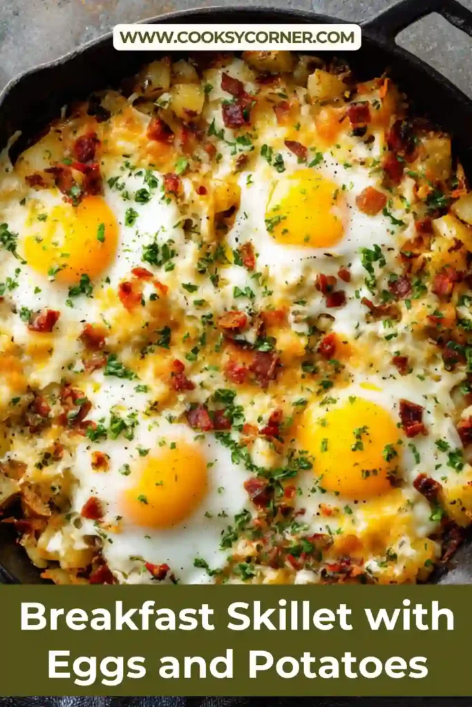 Breakfast skillet with eggs, crispy potatoes, beef sausage, and melted cheese in a cast iron pan.