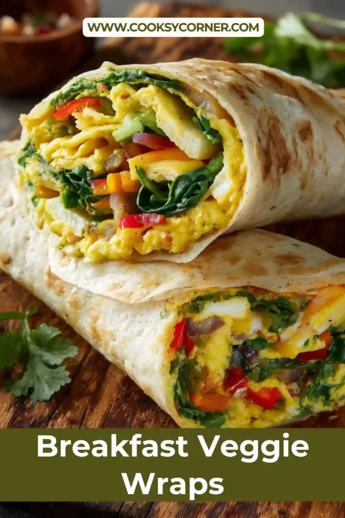 Homemade Breakfast Veggie Wraps served on a plate with visible layers of vegetables and eggs. Perfect quick breakfast option.