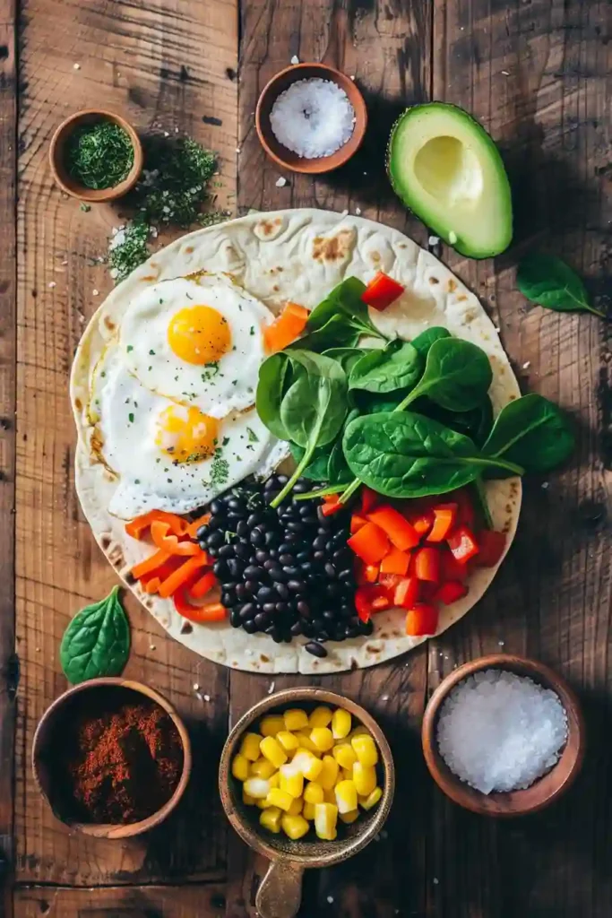 Healthy breakfast wrap with scrambled eggs, avocado spread, and sautéed vegetables in a soft flatbread.