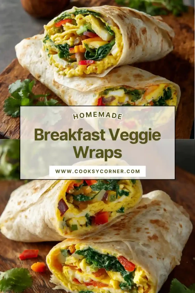 Close-up of a veggie breakfast wrap cut in half showing eggs, bell peppers, and spinach filling. Vibrant and nutritious meal.