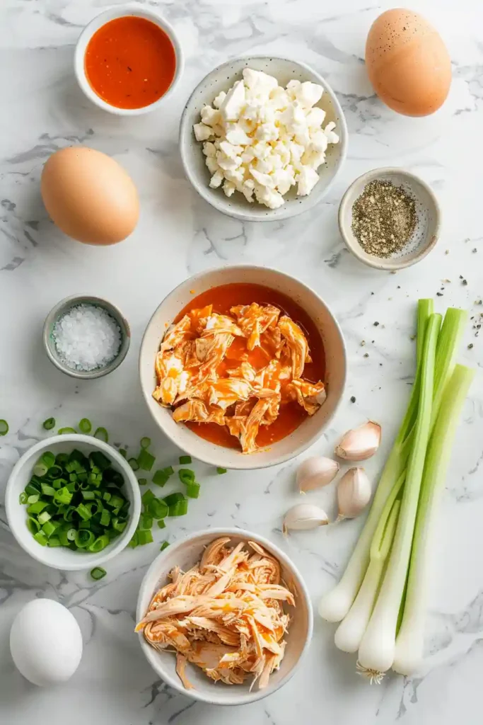 Freshly baked egg muffins with chicken and buffalo sauce, arranged neatly for serving.