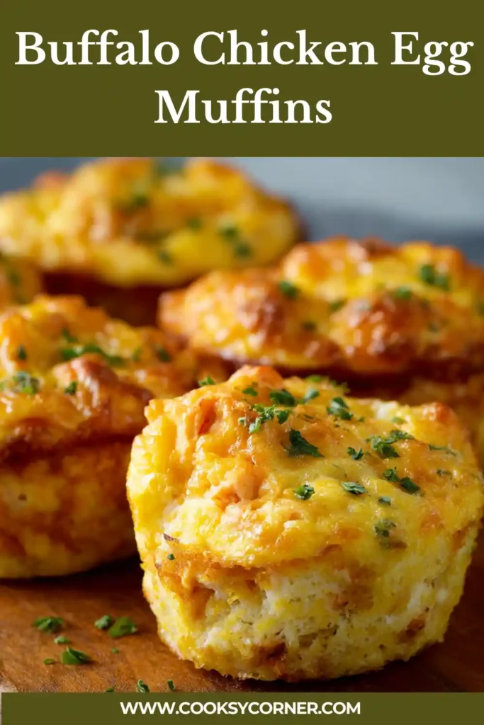 Buffalo chicken egg muffins baked in a muffin tray with golden tops and visible chicken pieces and herbs.
