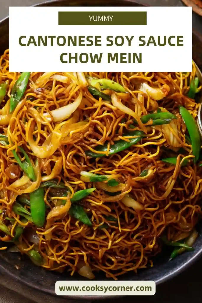Close-up of soy sauce chow mein noodles with crispy edges and crunchy bean sprouts.