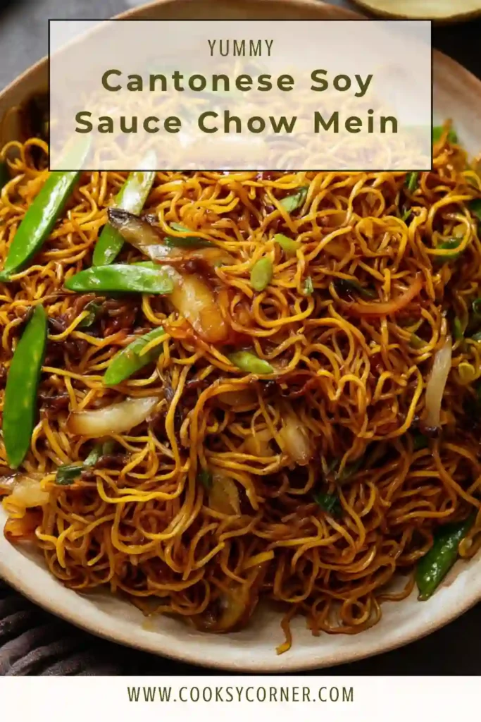 A bowl of Cantonese Soy Sauce Chow Mein with glossy noodles, bean sprouts, and scallions tossed in savory sauce.