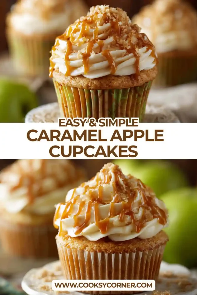 Close-up of moist apple spice cupcakes with caramel drizzle and fluffy frosting.