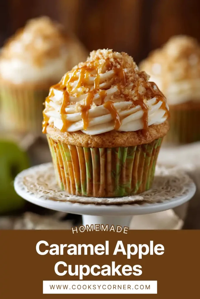 Caramel apple cupcakes topped with creamy caramel buttercream and fresh apple slices, perfect fall dessert.