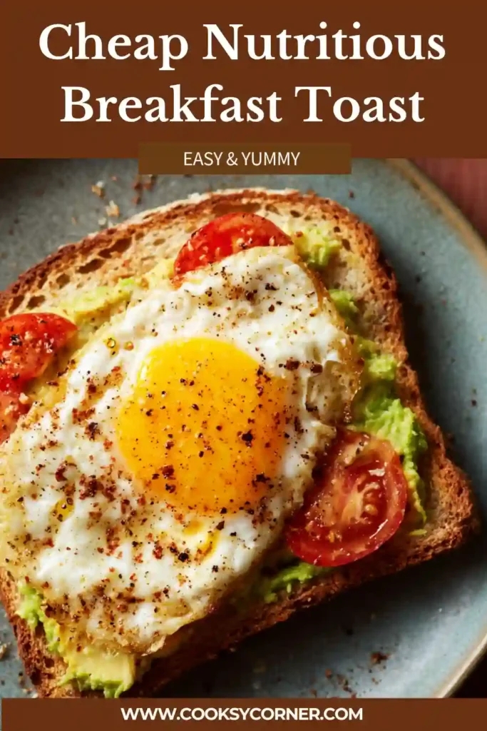 Cheap nutritious breakfast toast topped with mashed avocado and white beans, garnished with cherry tomatoes and seasoning.