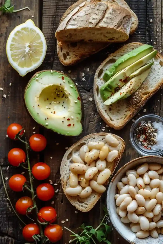 Budget-friendly avocado toast with protein-rich beans and fresh toppings on rustic bread.