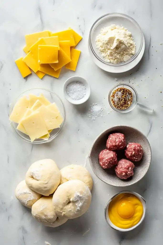 A plate of soft pretzel bombs stuffed with beef meatballs and cheese, served warm with mustard.