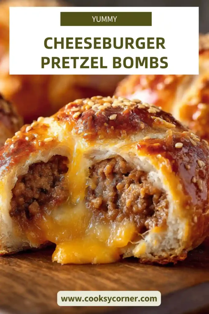Freshly baked cheeseburger pretzel bombs with a glossy egg-washed finish and sprinkled sea salt.