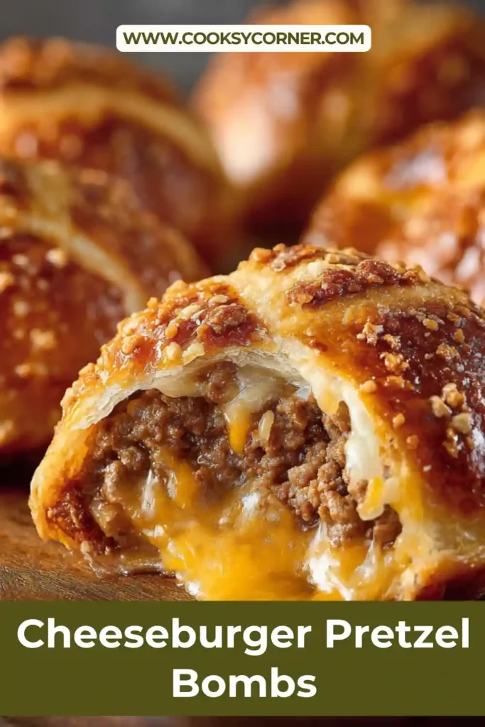 Cheeseburger pretzel bombs arranged on a tray with golden crust and coarse salt topping, showing soft baked texture.
