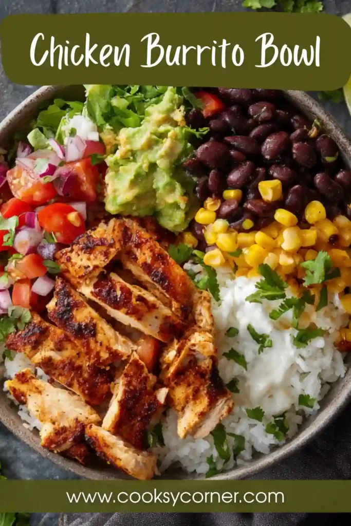 Close-up of chicken burrito bowl showing juicy chicken, fluffy rice, and vibrant fresh ingredients.