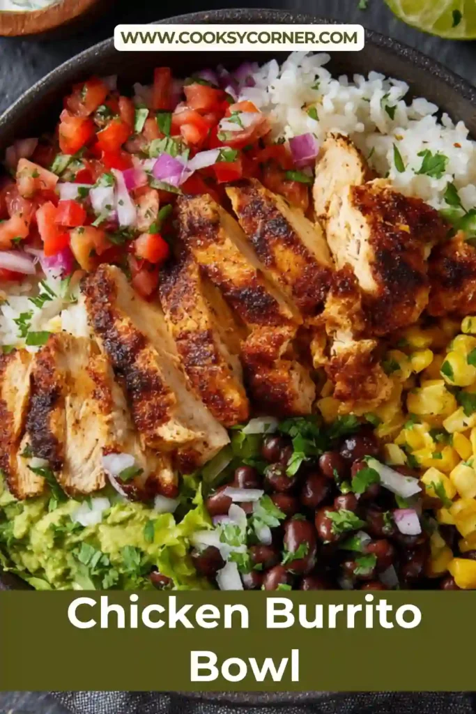 Top view of a healthy chicken burrito bowl with colorful toppings including tomatoes, avocado, and lettuce.