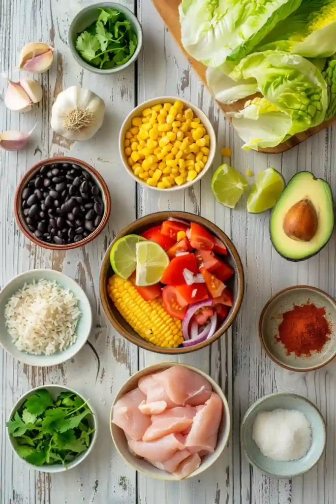 Homemade chicken burrito bowl arranged with rice, beans, corn, and avocado for a balanced meal.