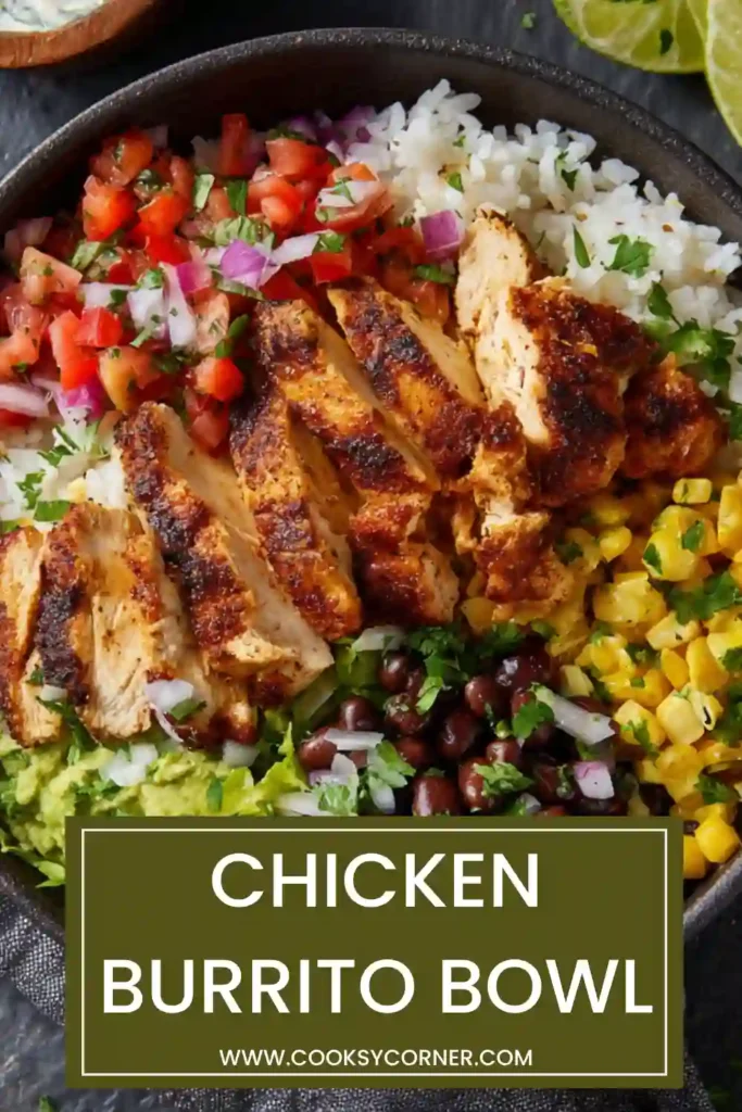 A chicken burrito bowl with cilantro lime rice, grilled chicken, black beans, corn, and fresh vegetables in a serving bowl.
