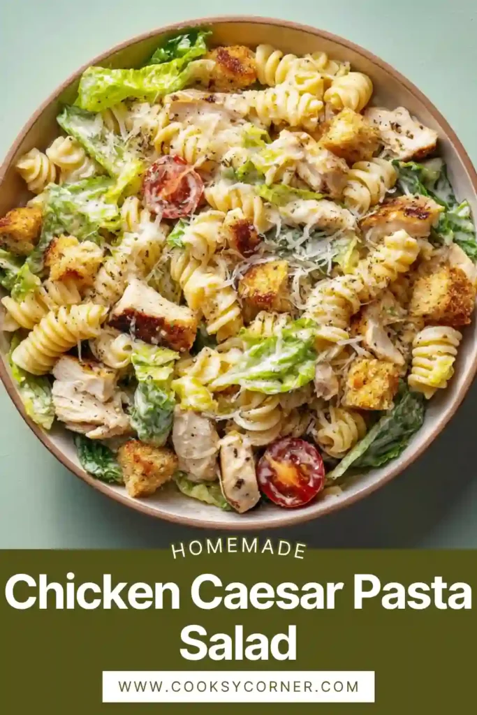 Fresh Chicken Caesar Pasta Salad served with cherry tomatoes and avocado in a large bowl.