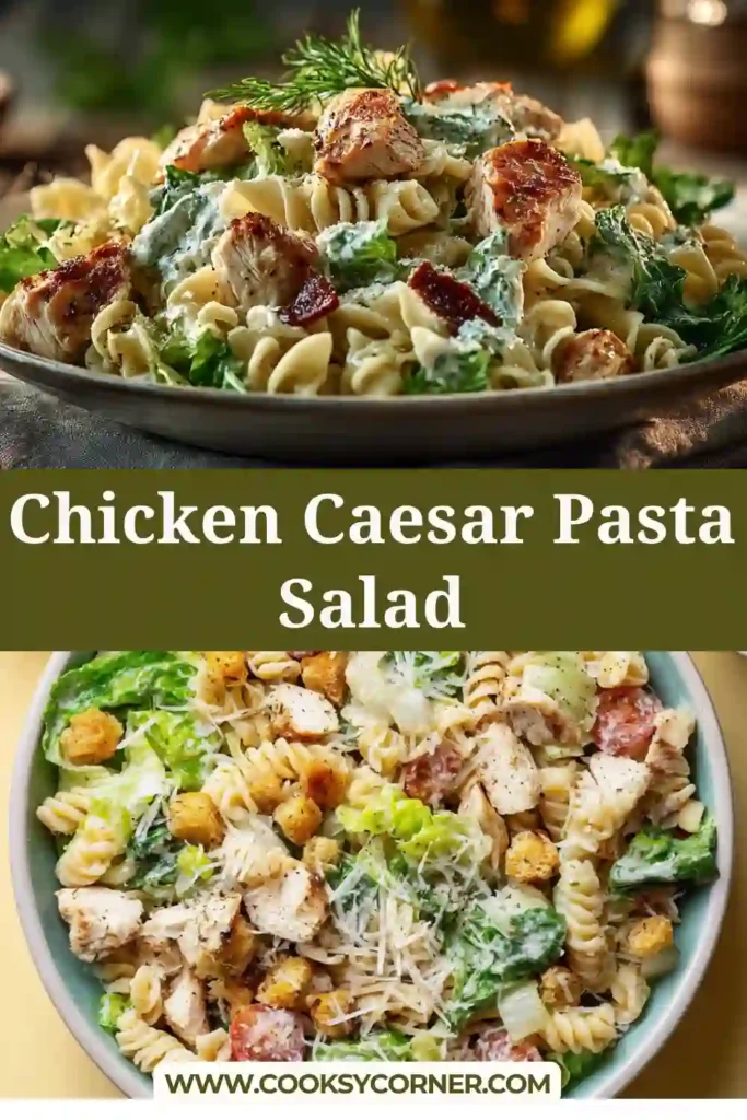 A bowl of Chicken Caesar Pasta Salad with pasta, grilled chicken, lettuce, and Parmesan cheese in creamy dressing.