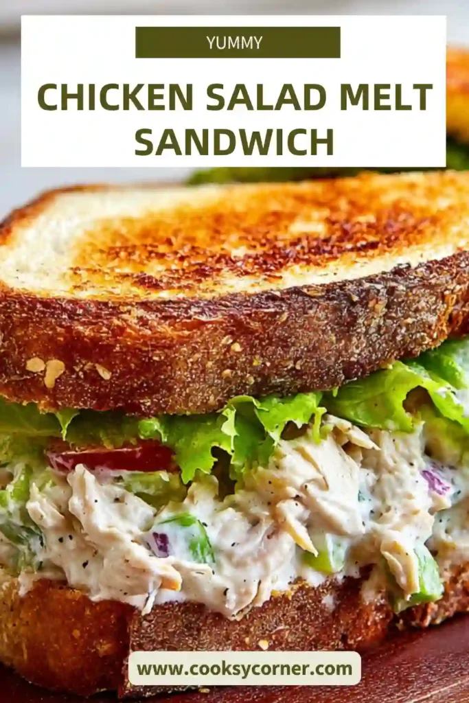 Freshly prepared chicken salad melt sandwich served warm with lettuce and tomato layers visible.