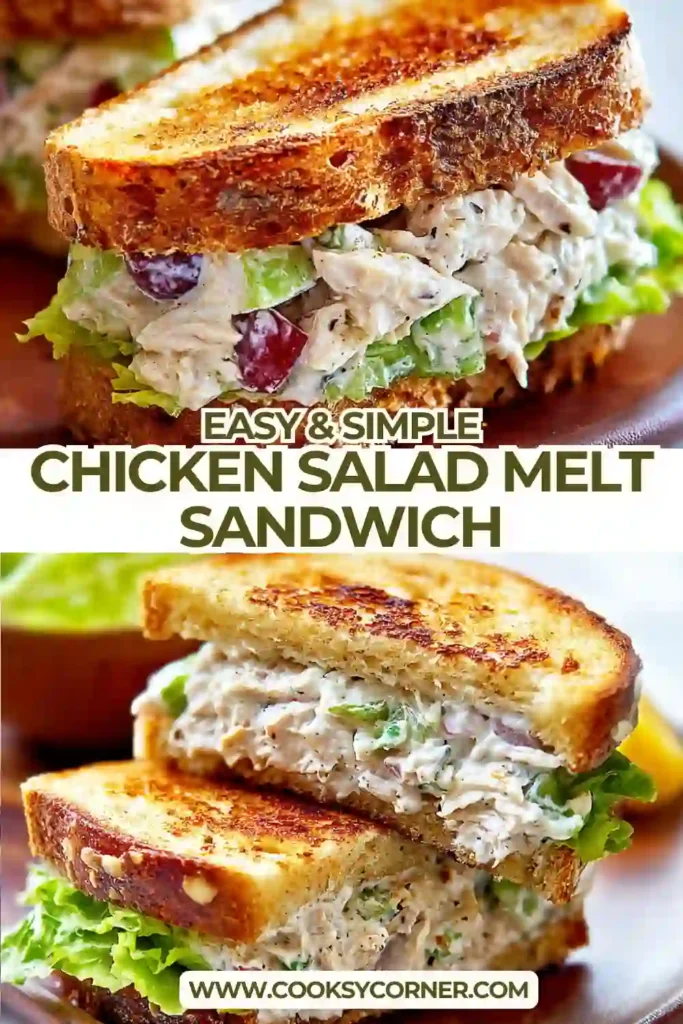 Close-up of a chicken salad melt sandwich showing creamy filling and gooey melted cheese between toasted slices.