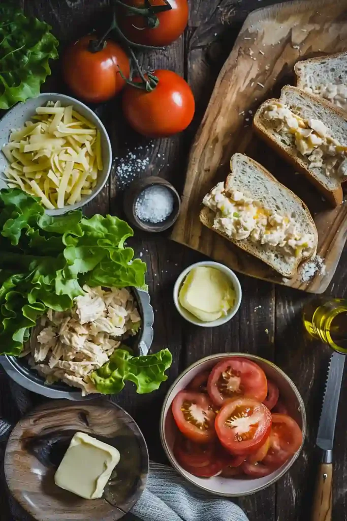 Golden toasted chicken salad melt sandwich cut in half with melted cheese and creamy chicken filling.