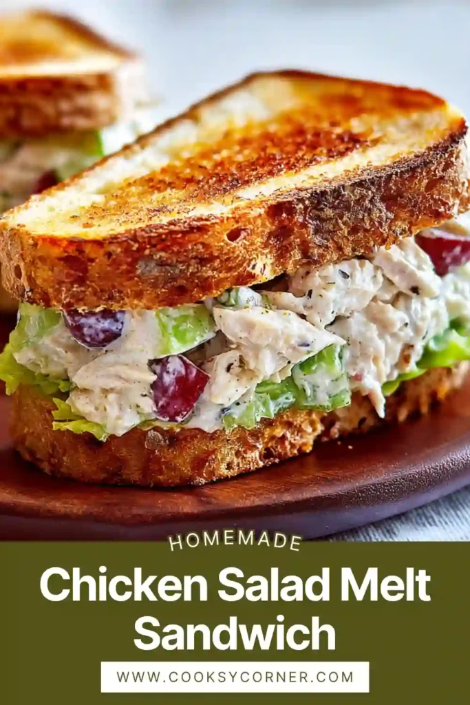 A crispy chicken salad melt sandwich with melted cheese, fresh lettuce, and tomato on toasted bread. The sandwich is golden brown and freshly made.