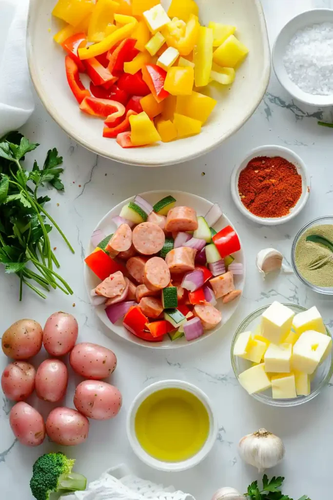 Healthy chicken sausage and veggie dish in a pan.