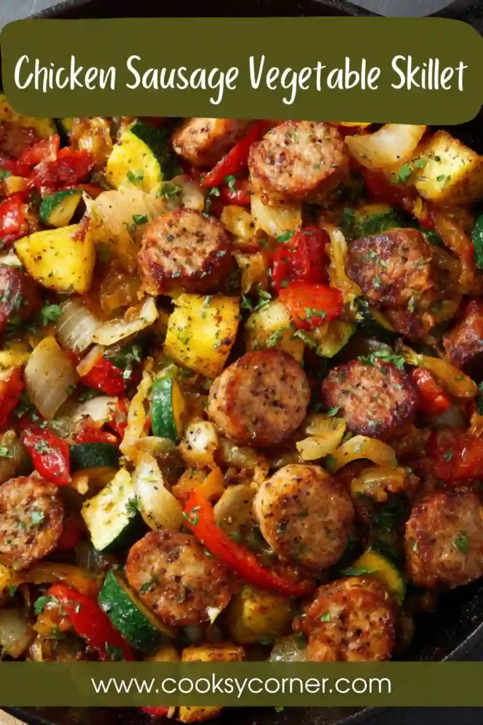 Chicken sausage vegetable skillet with potatoes and colorful vegetables.