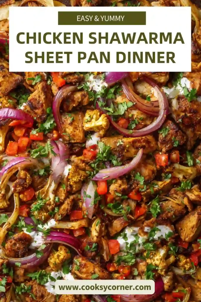 Close-up of chicken shawarma sheet pan dinner with crispy edges, tender chicken, and colorful vegetables.