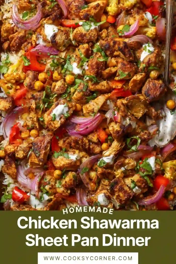 A tray of Chicken Shawarma Sheet Pan Dinner with roasted chicken, chickpeas, and colorful vegetables fresh from the oven. The spices create a golden, slightly charred finish.