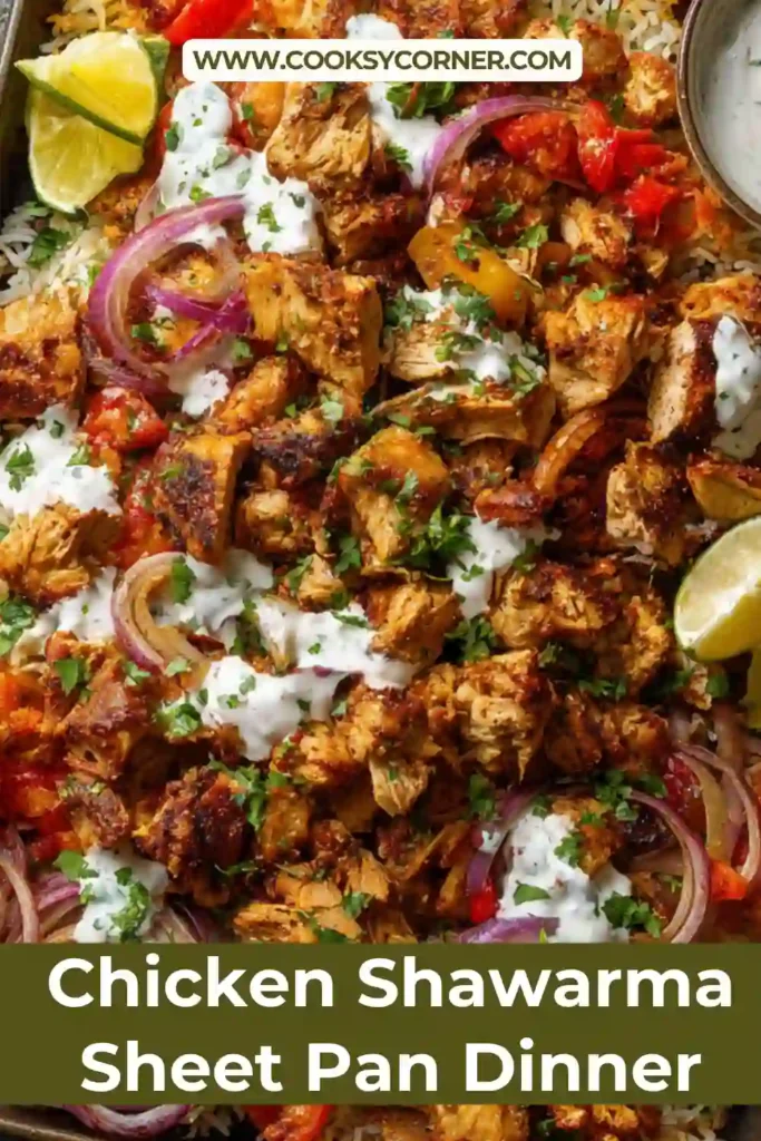 Middle Eastern chicken shawarma with colorful roasted veggies.